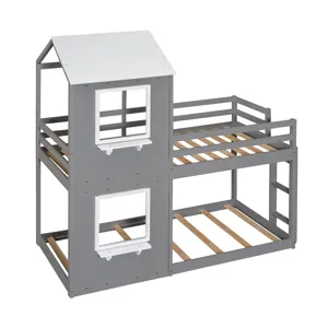 Twin Over Twin Bunk Bed Wood Bed With Roof, Window, Guardrail, Ladder - White