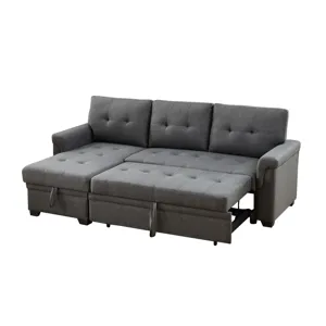 Hunter - Linen Reversible Sleeper Sectional Sofa With Storage Chaise - Dark Gray