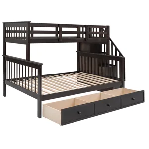 Twin Over Full Stairway Bunk Bed With Drawer, Storage And Guard Rail For Bedroom, Dorm, For Adults -