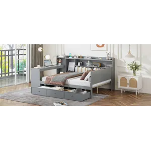 Full Size Wooden Daybed With 3 Drawers, USB Ports And Desk - Gray