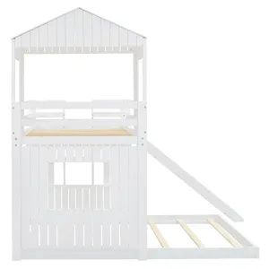 Wooden Twin Over Full Bunk Bed, Loft Bed With Playhouse, Farmhouse, Ladder, Slide And Guardrails - W