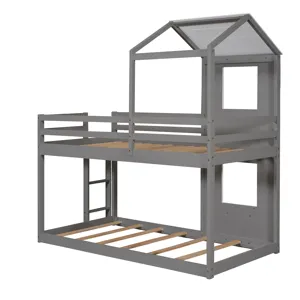 Twin Over Twin Bunk Bed Wood Bed With Roof, Window, Guardrail, Ladder - White