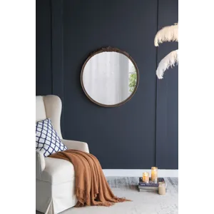 Round Hand Carved Rose Antique Mirror Frame, Wall Mirror For Live Space, Bathroom, Entryway Wall Dec