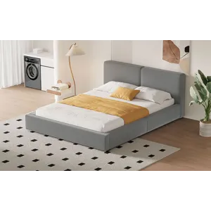 Queen Size Upholstered Platform Bed With , Grounded Bed With Solid Frame - Gray