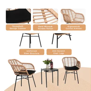 3 Pieces Of Luxury Outdoor Wicker Furniture, Patio Bistro Style Table And Chair Combination, Weather