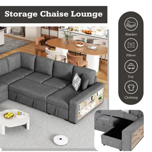U-Shaped Sectional Sofa Pull-Out Sofa Bed With Two USB Ports, A Storage Chaise Lounge And Four Back 