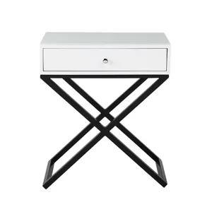 Koda - Wooden End Side Table Nightstand With Glass Top, Drawer And Metal Cross Base - White