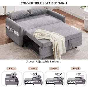 Pull Out Sleep Sofa Bed Loveseats Sofa Couch With Adjsutable Backrest, Storage Pockets, 2 Soft Pillo