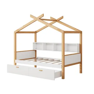 Twin Size Wooden House Bed Original Wood Colored Frame With Two Drawers And Bookshelf Storage Space 