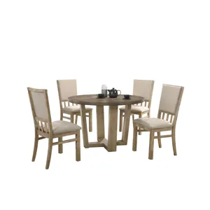 Brutus - 5 Piece Wide Contemporary Round Dining Table With Wheat Colored Fabric Chairs (Set of 5) - 