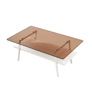 Rectangle Coffee Table, Tempered Glass Tabletop With White Metal Legs, Modern Table For Living Room 