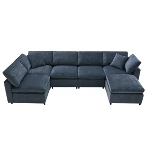 Modern Modular Cloud Sofa Bed, 6 Seat Chenille Sectional Couch Set With Ottoman, Free Combination, C