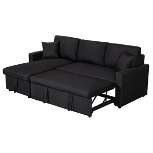 Paisley - Linen Fabric Reversible Sleeper Sectional Sofa With Storage Chaise - Black