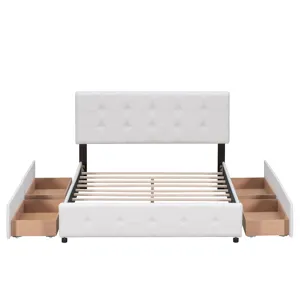 Queen Size Upholstered Platform Bed With Classic Headboard And 4 Drawers, No Box Spring Needed - Whi
