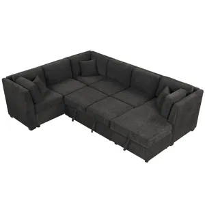 U-Shaped Sectional Sofa Pull Out Sofa Bed With Two USB Ports, Two Power Sockets, Three Back Pillows 