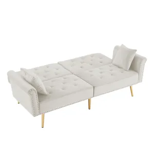 Velvet Tufted Sofa Couch With 2 Pillows And Nailhead Trim - Beige