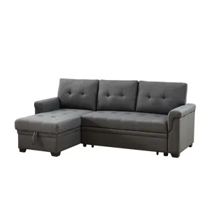 Hunter - Linen Reversible Sleeper Sectional Sofa With Storage Chaise - Dark Gray