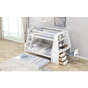 Twin Over Full Bunk Bed With Trundle And Built-In Desk, Three Storage Drawers And Shelf - White