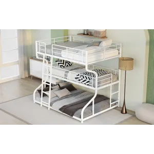 Full Long Over Twin Long Over Queen Size Triple Bunk Bed With Long And Short Ladder - White