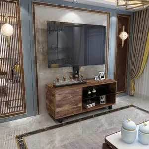 Rustic Brown TV Console With Push-To-Open Storage Cabinet For TV, Wood & Glass TV Stand For Living R