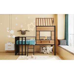 Twin Size Loft Bed With Roof, Window, Guardrail, Ladder Black