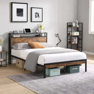 Queen Size Metal Platform Bed Frame With Wooden Headboard And Footboard With USB Liner, No Box Sprin