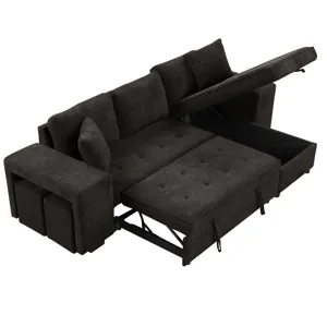 Modern L-Shape 3 Seat Reversible Sectional Couch, Pull Out Sleeper Sofa With Storage Chaise And 2 St