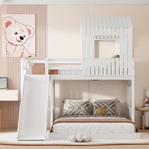Wooden Twin Over Full Bunk Bed, Loft Bed With Playhouse, Farmhouse, Ladder, Slide And Guardrails - W