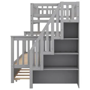 Twin Over Full Bunk Bed With Trundle And Staircase - Gray