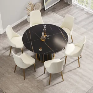 Modern Artificial Stone Round Metal Iron Base Dining Table, Can Accommodate 6 People (Not Including 
