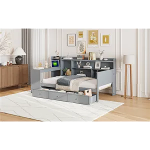 Twin Size Wooden Daybed With 3 Drawers, USB Ports And Desk - Gray
