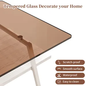 Rectangle Coffee Table, Tempered Glass Tabletop With White Metal Legs, Modern Table For Living Room 