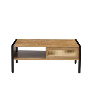 40.16\" Rattan Coffee Table, Sliding Door For Storage, Metal Legs, Modern Table For Living Room - Na