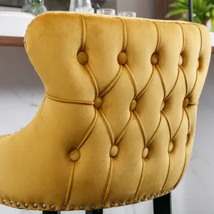 Contemporary Velvet Upholstered Wing-Back Barstools With Button Tufted Decoration And Wooden Legs, A