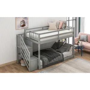 Twin Over Twin Floor Bunk Bed, Ladder With Storage - Gray