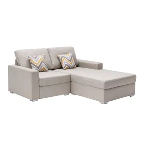 Nolan - Linen Fabric 2-Seater Reversible Sofa Chaise With Pillows, Interchangeable Legs - Beige