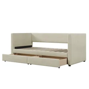 Twin Size Corduroy Daybed With Two Drawers And Wood Slat - Beige