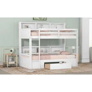 Twin Size Bunk Bed With Built-In Shelves Beside Both Upper And Down Bed And Storage Drawer - White