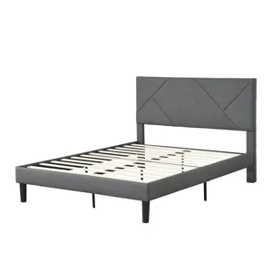 Queen Size Upholstered Platform Bed Frame With Headboard, Strong Wood Slat Support, Mattress Foundat