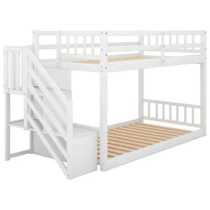 Twin Over Twin Floor Bunk Bed, Ladder With Storage - White