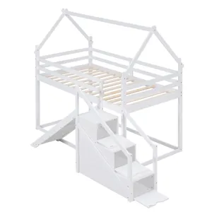 Twin Over Twin House Loft Or Bunk Bed With Slide And Staircase - White