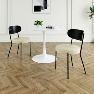 Modern Gray Simple PU Dining Chair Upholstered Chair Family Bedroom Stool Back Dressing, White Round