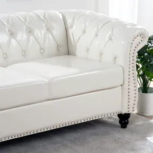 84.65\" Rolled Arm Chesterfield 3 Seater Sofa - White