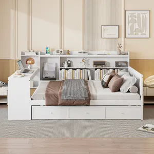 Full Size Wooden Daybed With 3 Drawers, USB Ports And Desk - White
