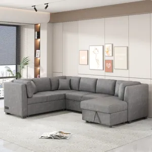 U-Shaped Sectional Sofa Pull Out Sofa Bed With Two USB Ports, Two Power Sockets, Three Back Pillows 