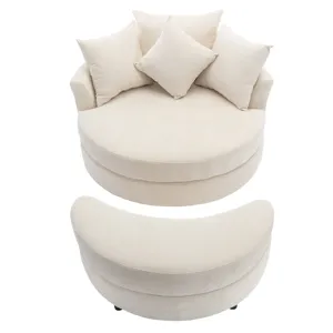 360° Swivel Accent Barrel Chair With Storage Ottoman & 4 Pillows, Modern Chenille Leisure Chair Round Accent For Living Room - Cream