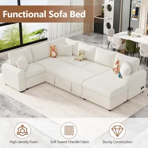 Sectional Sofa Pull-Out Sofa Bed Sleeper With A Storage Ottoman, Three Pillows And Charging Devices 