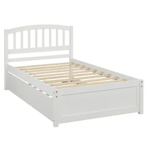Twin Size Platform Bed Wood Bed Frame With Trundle - White