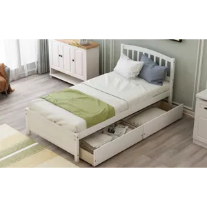 Twin Platform Storage Bed Wood Bed Frame With Two Drawers And Headboard - White