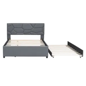 Full Size Upholstered Platform Bed With Brick Pattern Headboard And Twin Size Trundle, Linen - Gray